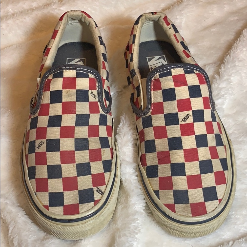 Vans Blue and Red Checkered Classic Slip Ons